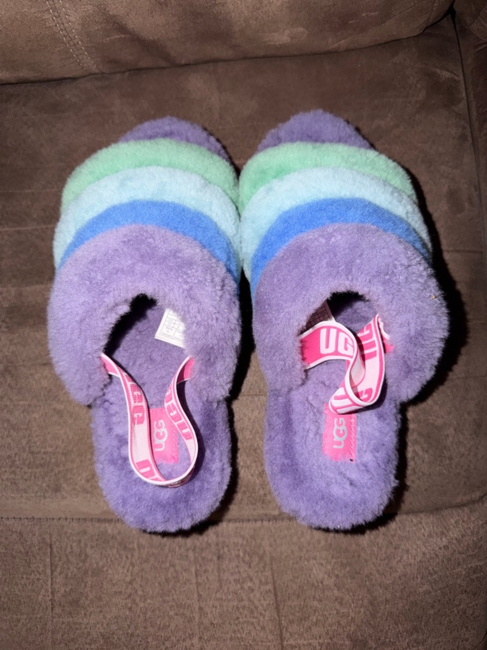 UGG Multicolor Fluffy Slide Slippers in Purple, Blue & Mint